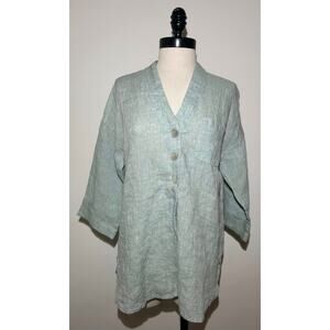 J Jill Pure Linen Green Blouse Shirt Top Button Relax Petite Casual Womens SP